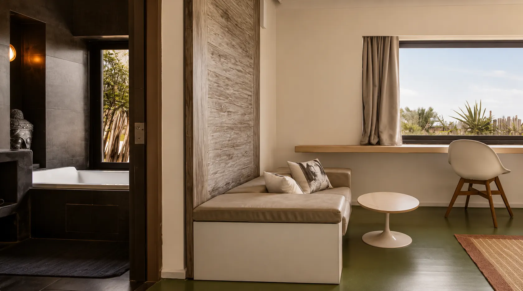 Coin salon de la suite parentale de la Villa Nausikaa, banquette et guéridon face à la baie, salle de bain attenante