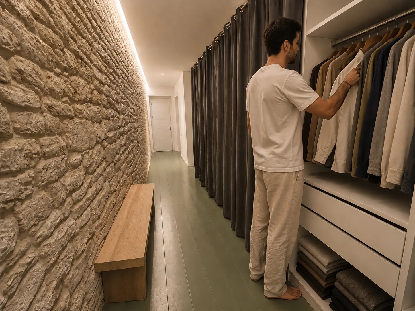 Dressing de la suite parentale de la Villa Nausikaa : penderie, tiroirs et mur de pierre rétroéclairé
