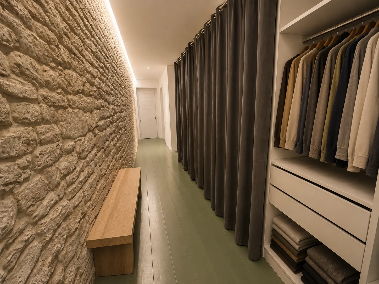 Dressing de la suite parentale de la Villa Nausikaa : mur de pierre rétroéclairé, penderie et banc de chêne