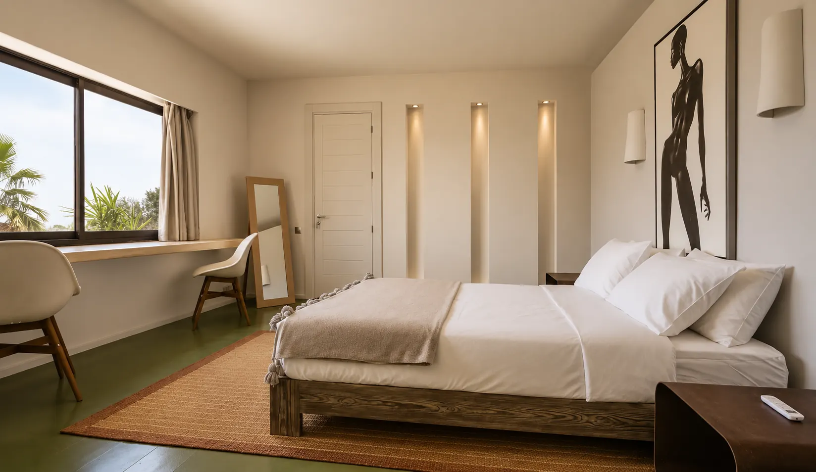 Chambre I de la Villa Nausikaa : lit en bois massif, niches de lumière et sol vert profond