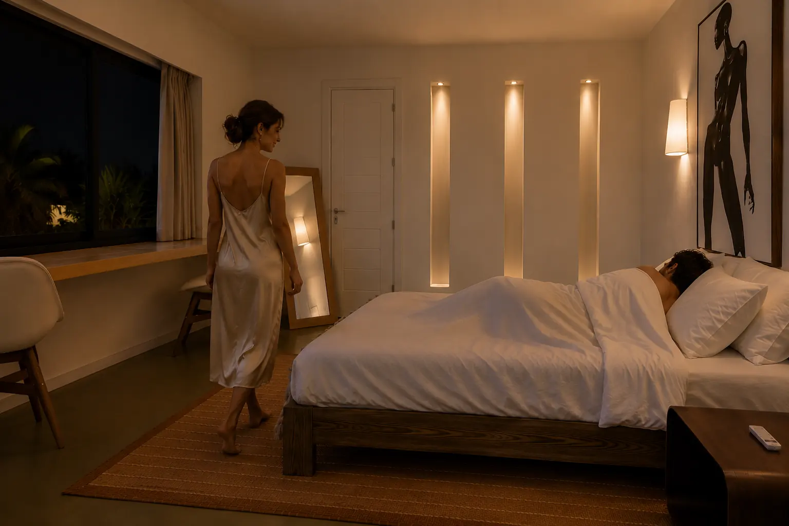 Chambre I de la Villa Nausikaa à la nuit tombée, niches de lumière et appliques allumées