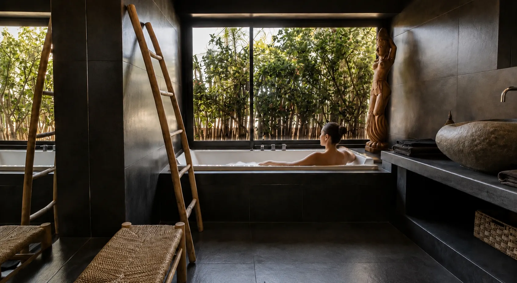 Salle de bain en pierre sombre de la suite parentale de la Villa Nausikaa, avec baignoire