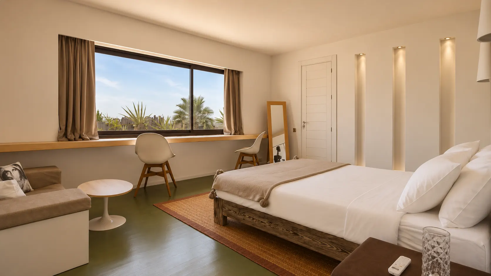 Vue d'ensemble de la suite parentale de la Villa Nausikaa : lit en bois massif, coin salon et large baie sur la palmeraie