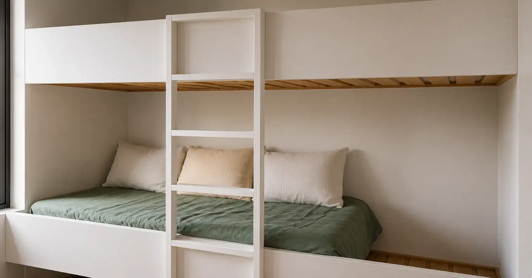Chambre IV de la Villa Nausikaa : lits superposés encastrés et linge vert d'eau, aménagée pour les enfants