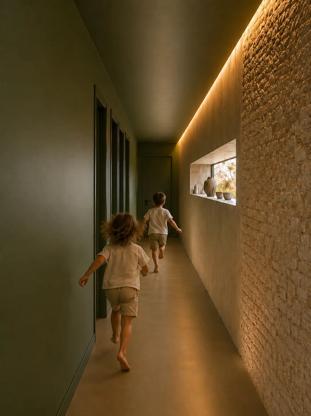 Couloir des chambres de la Villa Nausikaa, mur de pierre rétroéclairé et niche à poteries