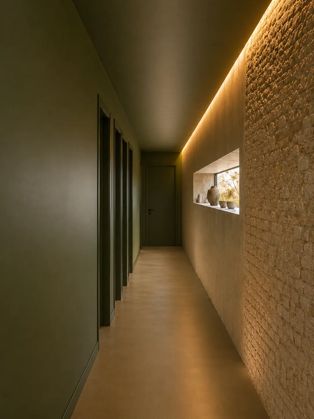 Couloir des chambres de la Villa Nausikaa : murs vert olive, mur de pierre rétroéclairé et niche à poteries