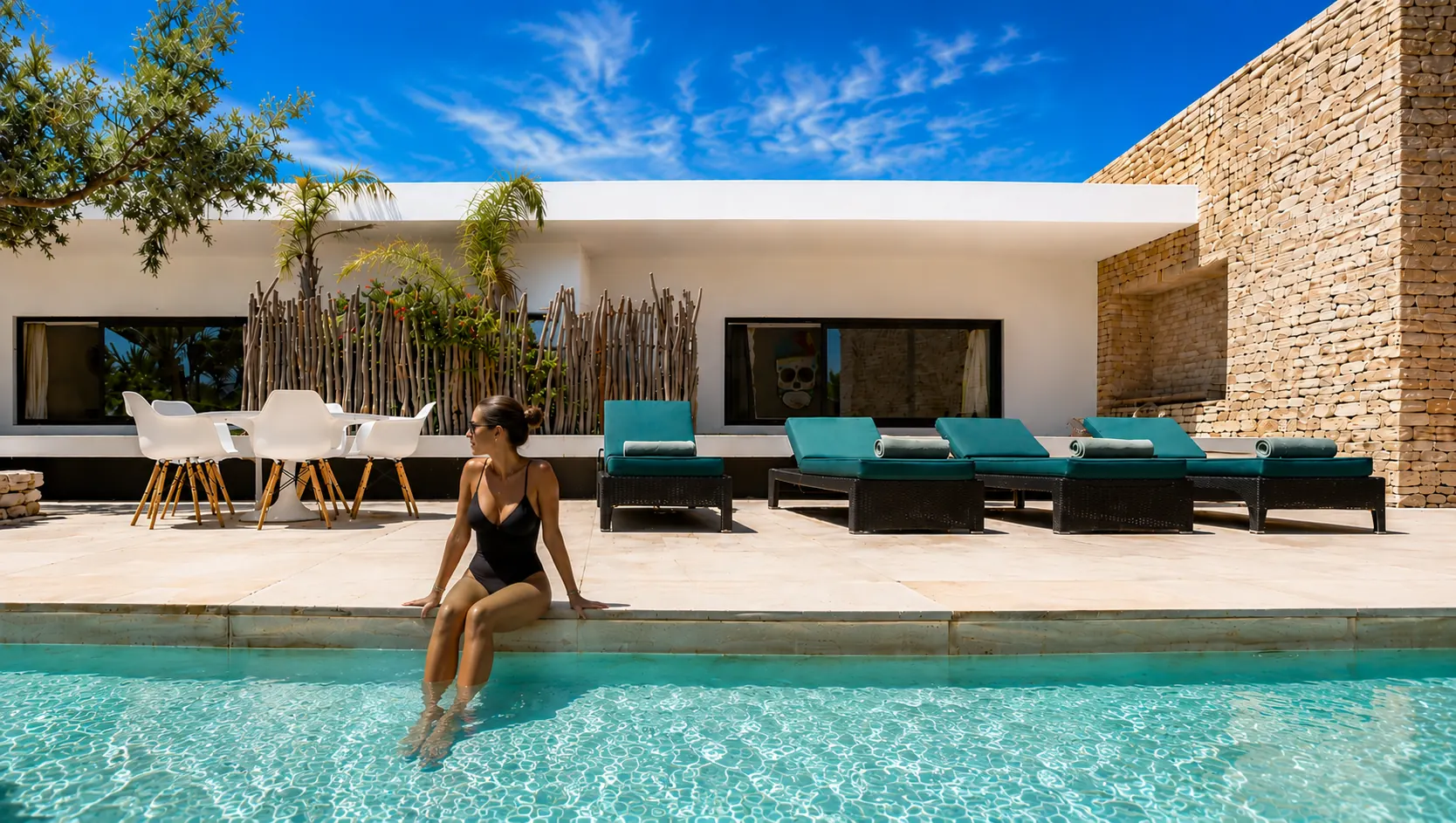 Matinée au bord du bassin de la Villa Nausikaa, transats et terrasse face à la palmeraie