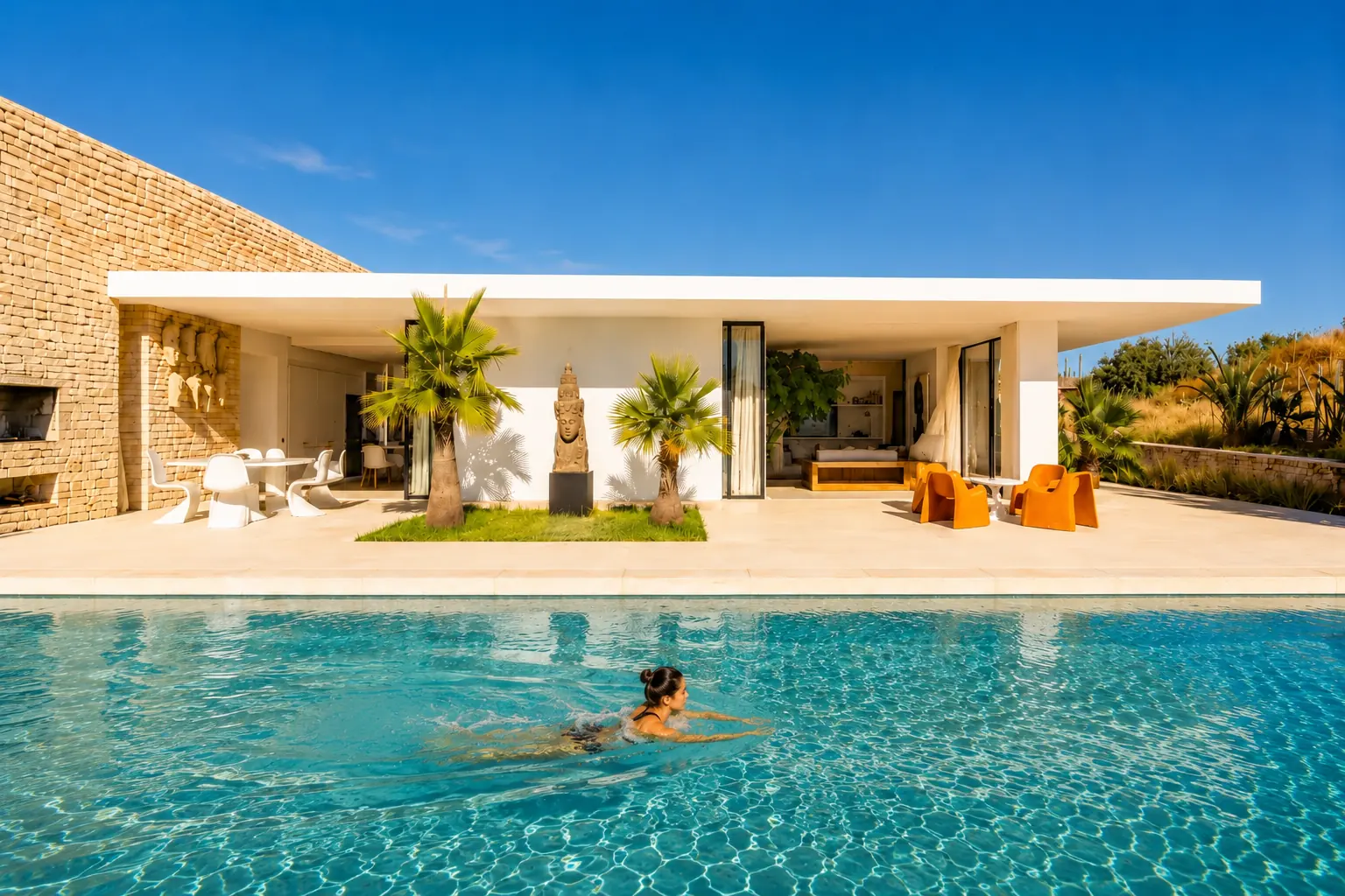 Piscine de la Villa Nausikaa face à la façade et au salon ouvert