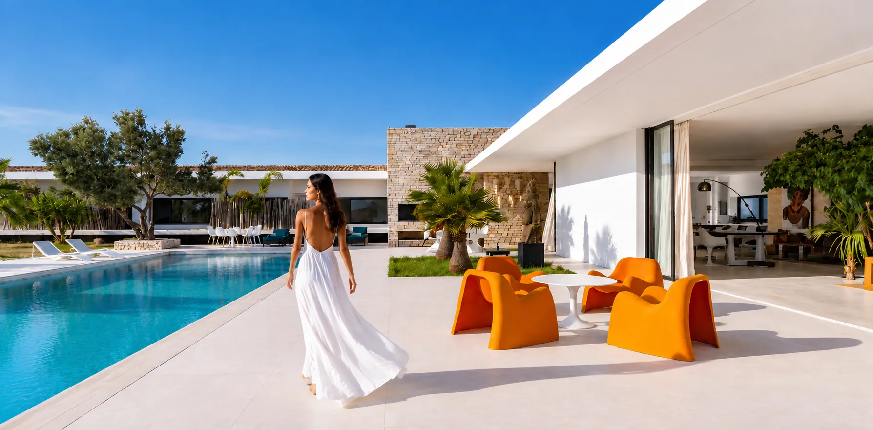 Villa Nausikaa : bassin de vingt mètres, terrasse et séjour ouvert sur la palmeraie