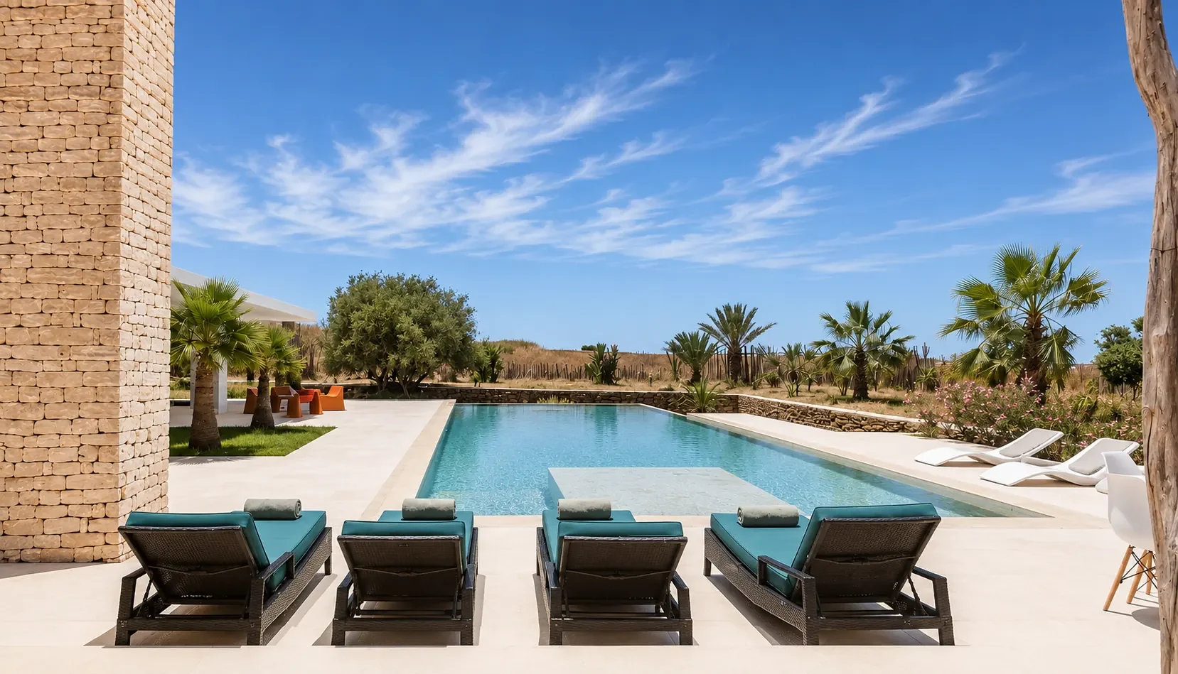 Piscine de 20 mètres de la Villa Nausikaa avec transats, palmiers et oliviers, à Essaouira