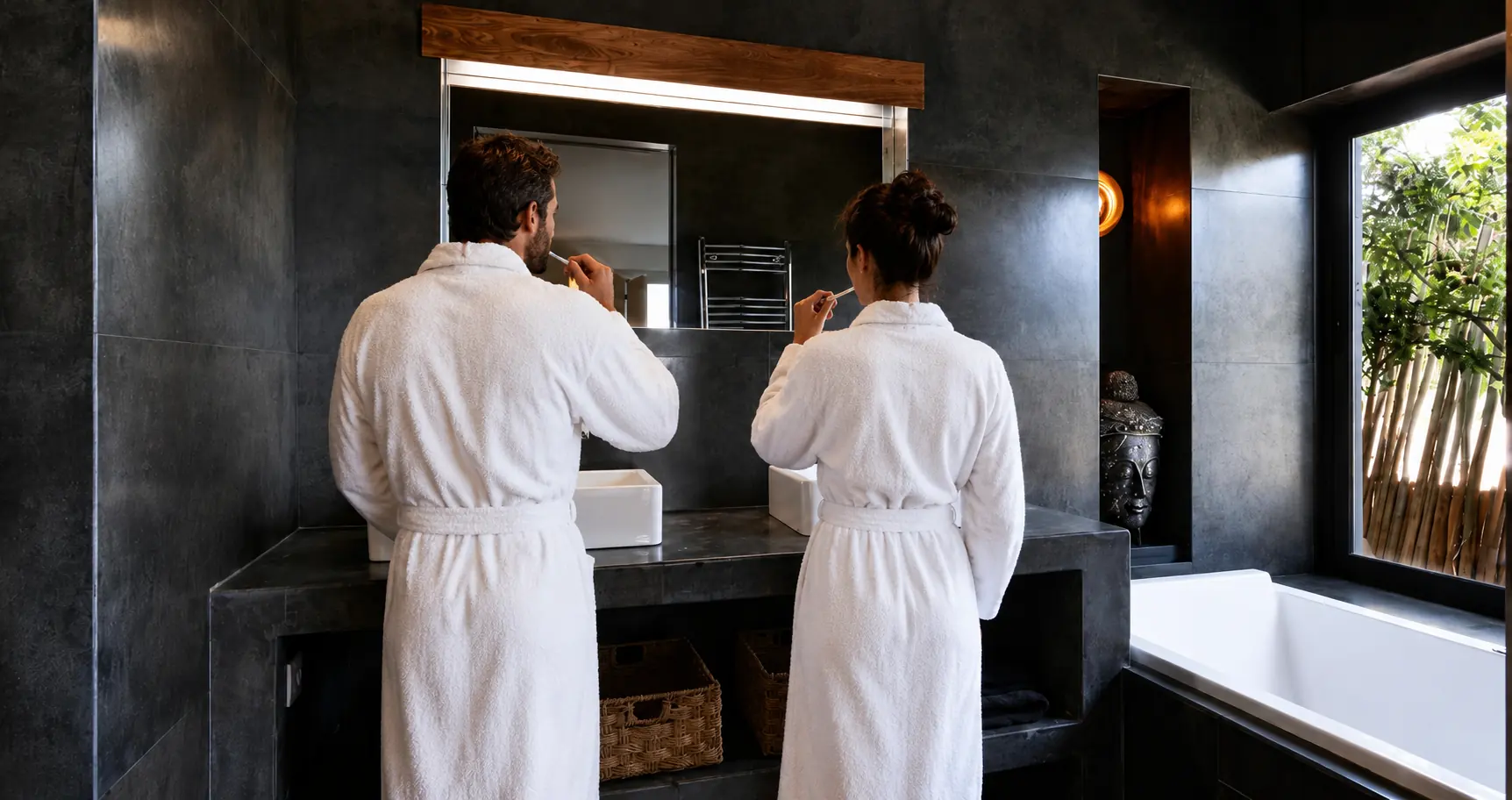 Salle de bain en pierre sombre de la Villa Nausikaa : doubles vasques et miroir rétroéclairé encadré de bois