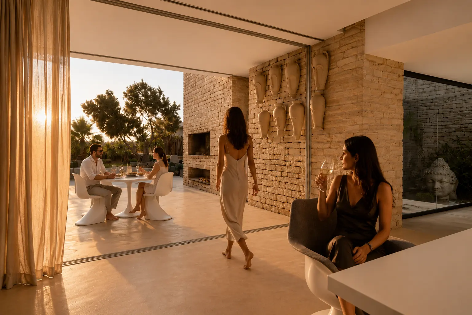 Apéritif au couchant à la Villa Nausikaa, baies grandes ouvertes sur la terrasse et le jardin