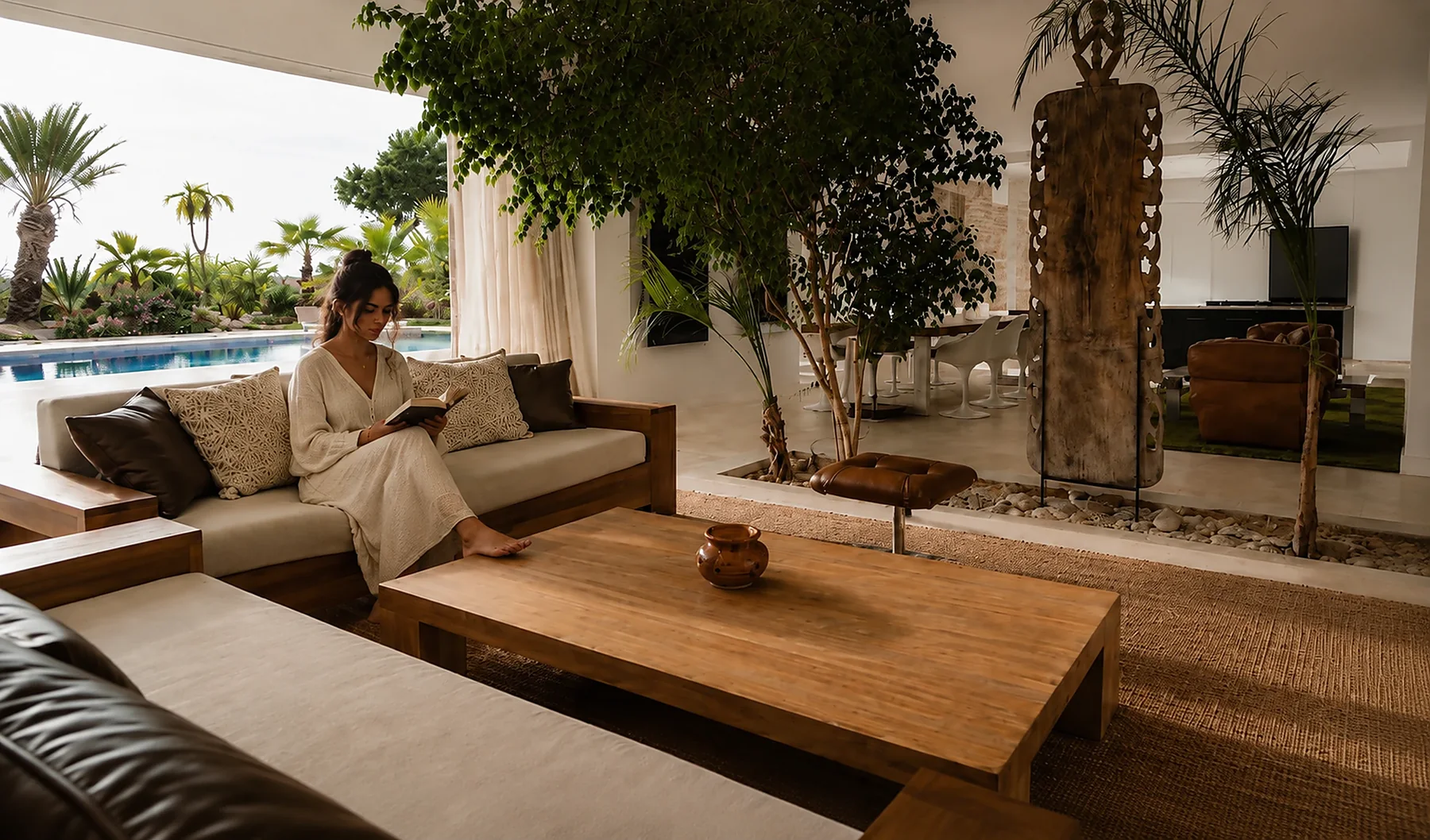 Salon traversant de la Villa Nausikaa : banquettes en teck sous le ficus, ouvertes sur la piscine et la palmeraie