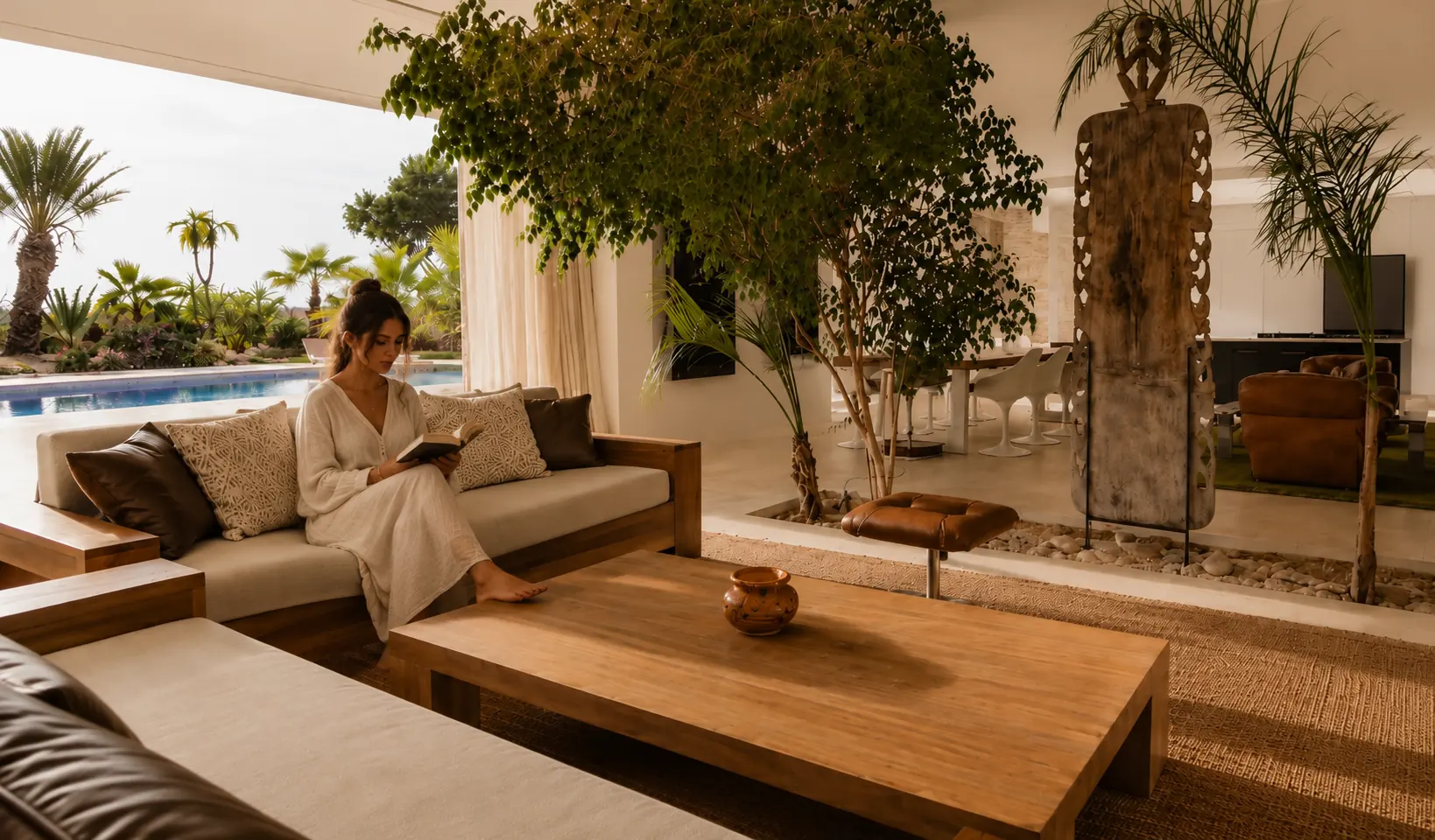 Salon d'été de la Villa Nausikaa sous le ficus, banquettes en teck ouvertes sur la piscine