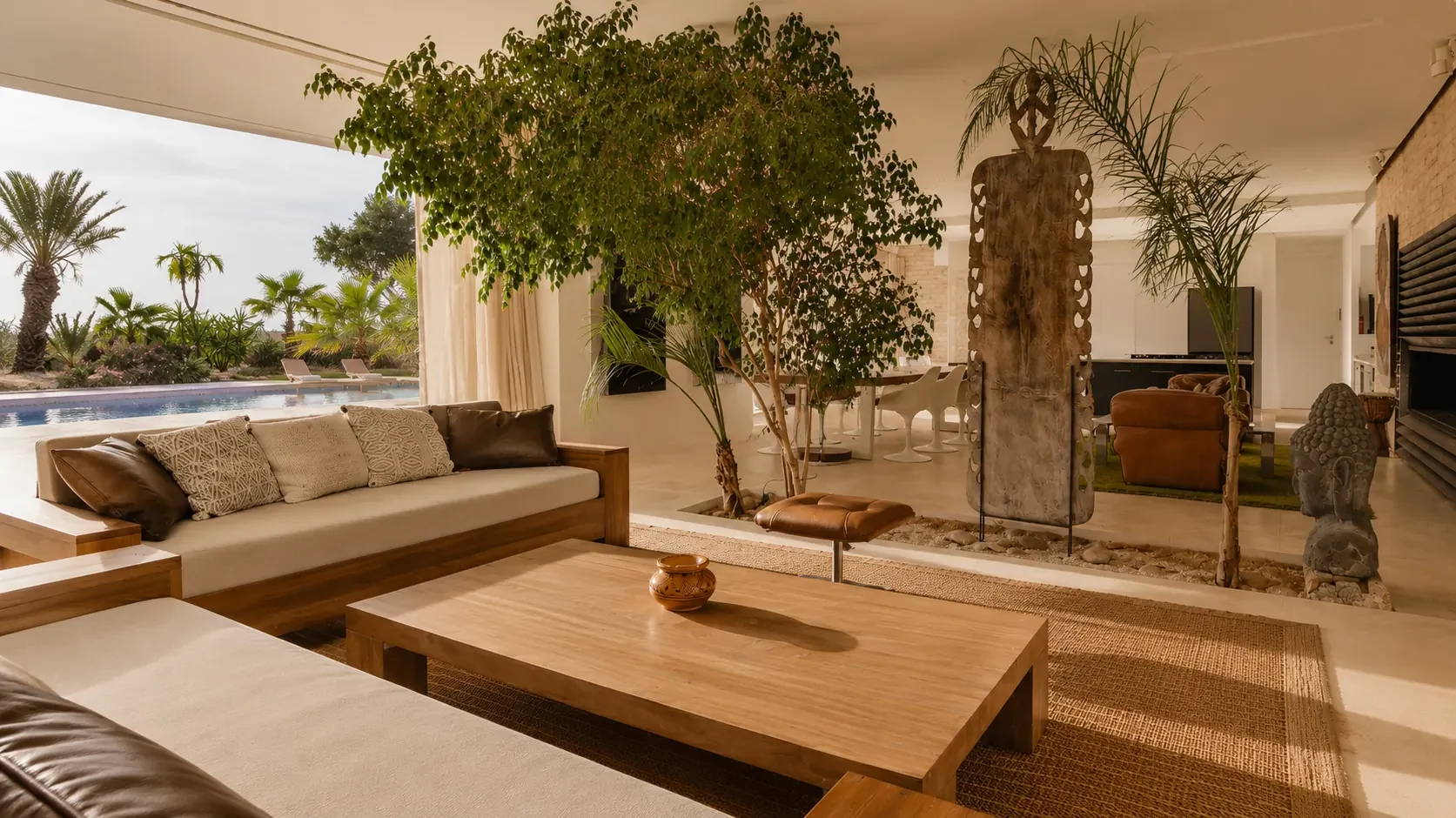 Salon de la Villa Nausikaa ouvert sur la piscine de 20 mètres et la palmeraie, à Essaouira