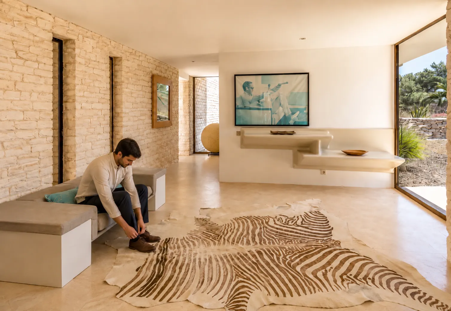 Salon de la Villa Nausikaa, banquettes basses et tapis, à l'arrivée des voyageurs