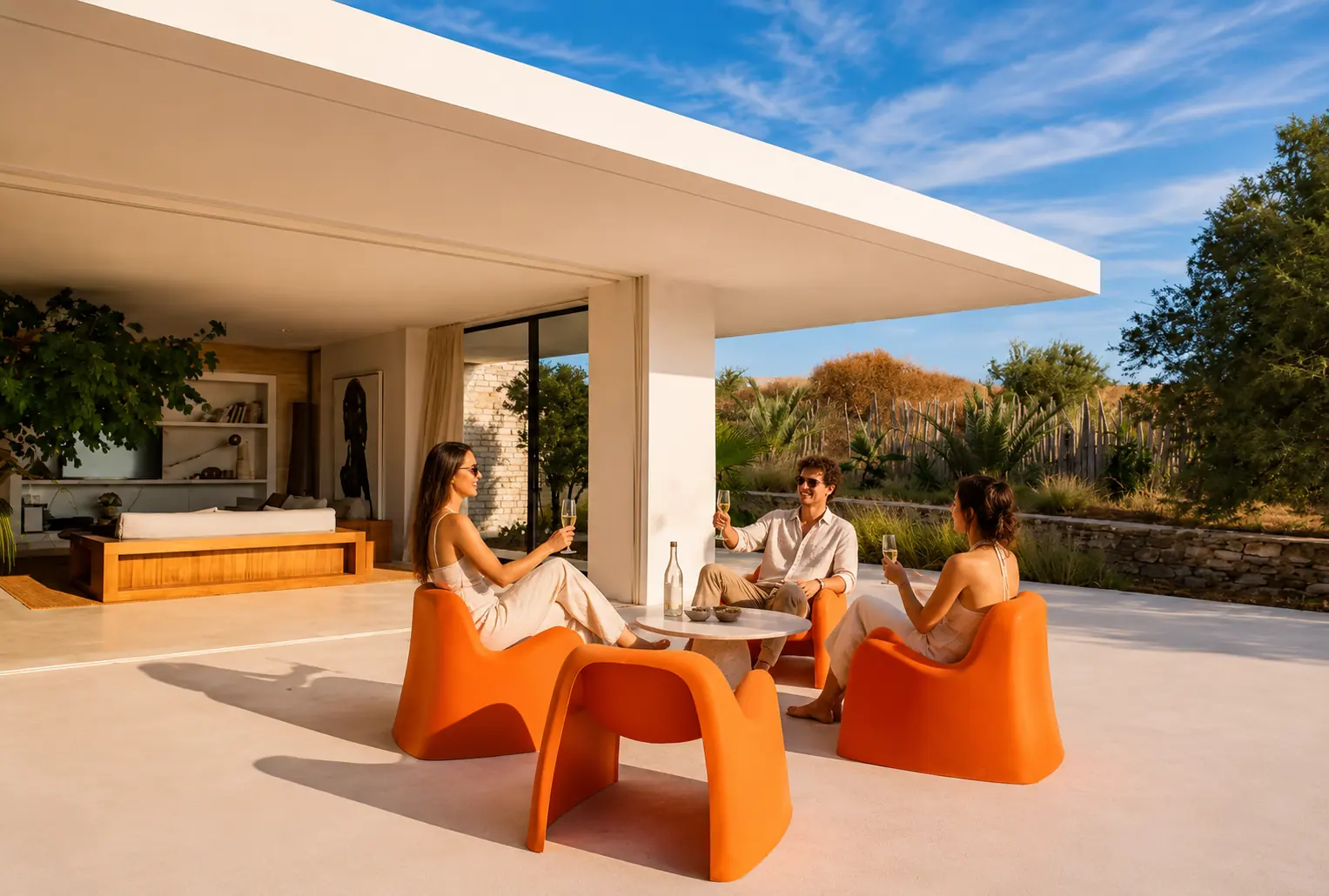 Terrasse couverte de la Villa Nausikaa : fauteuils orange et coupes de champagne face au jardin