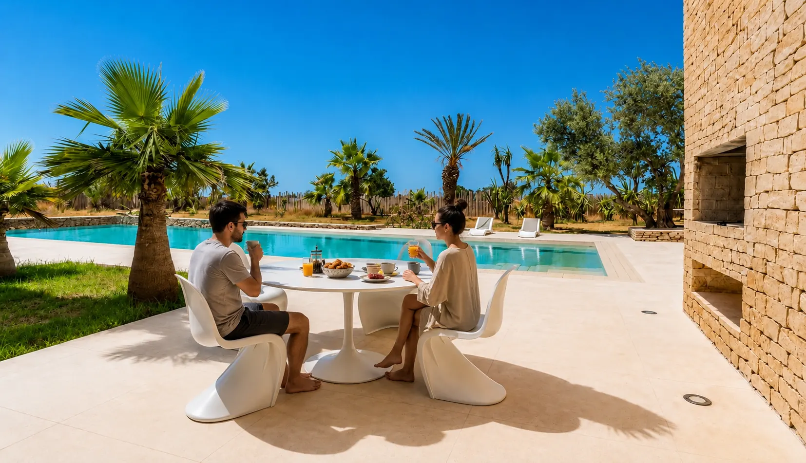 Petit-déjeuner servi sur la terrasse de la Villa Nausikaa, face à la piscine et aux palmiers