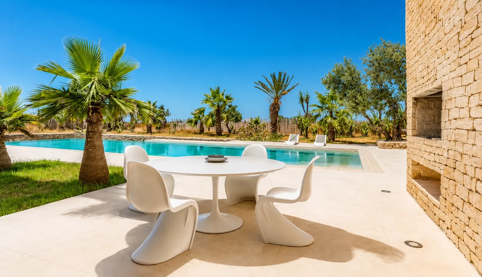 Table ronde et chaises Panton sur la terrasse de la Villa Nausikaa, face à la piscine